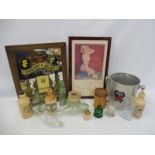 A selection of mixed advertising items including a framed and glazed 1961 calendar advertising