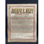 A rectangular showcard/advertisement for Joseph H. Dent Auctioneer and Valuer by Cummins of Bishop