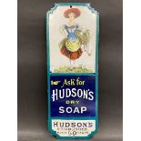 A Hudson's Dry Soap 'laundress' pictorial enamel sign, restored, 6 x 10".