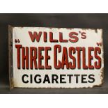 A Wills's 'Three Castles' Cigarettes double sided enamel sign with hanging flange, restored, 18 x