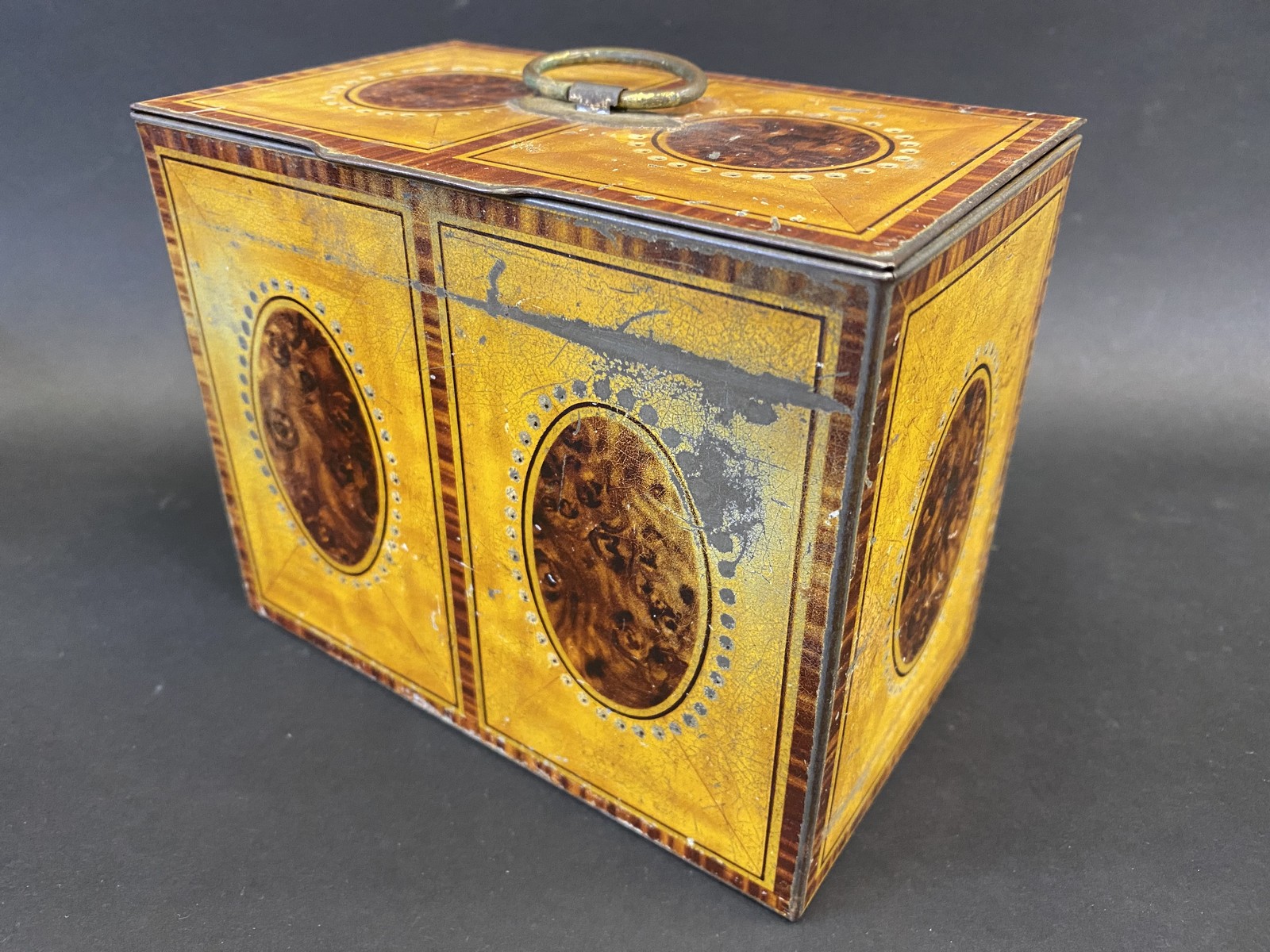 A William Crawford & Sons Ltd rectangular biscuit tin in the form of a Georgian tea caddy, with faux
