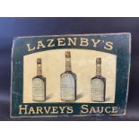 An early Lazenby's Harvey's Sauce pictorial showcard with three 3D raised bottles to the centre,