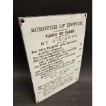 A rare Borough of Ipswich 'Table of Fares' carriage enamel sign in near mint condition, 6 1/2 x 9".