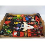 Two boxes of various toy vehicles.