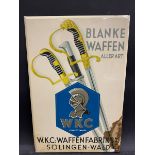 A German pictorial celluloid hanging sign advertising Blanke Waffen Aller Art, 12 3/4 x 18 3/4".