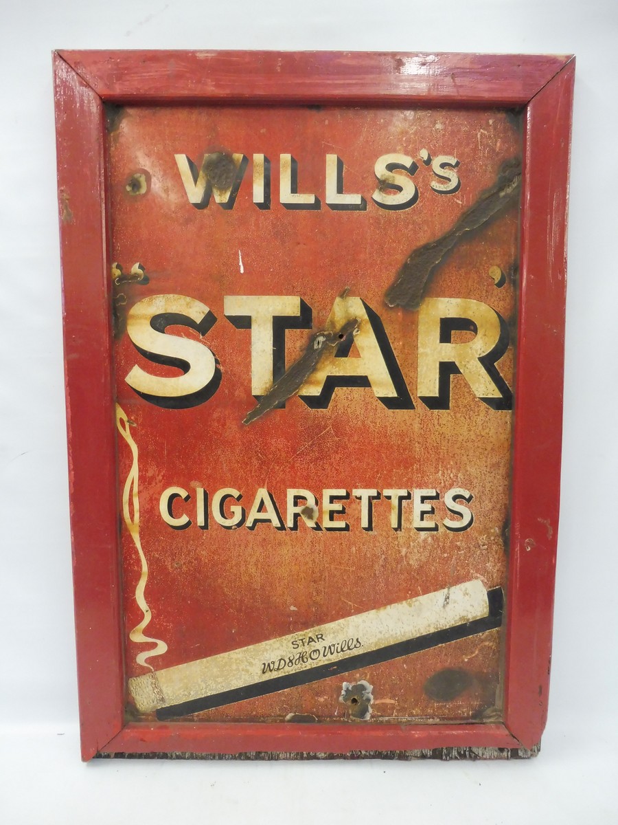 A Wills's Star Cigarettes enamel sign, in a wooden frame, 27 x 39".