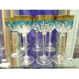 A set of ten Moser Lady Hamilton flashed turquoise Wine glasses, the cut glass bowls overlaid in