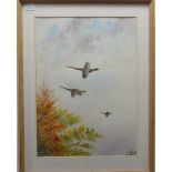 •Richard Harrison (20th century), Pheasants in flight, a pair, watercolour, signed, 19in x 14in (