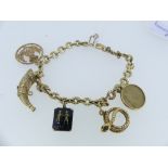 A 9ct yellow gold Charm Bracelet, the circular open link bracelet with five 9ct gold charms