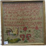 A Victorian Alphabet Sampler, naively stitched in red threads the base with a tapestry cockerel, and
