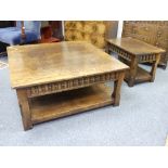 A Gothic style oak Coffee Table, by Bryn Hall Furniture, the square top above a frieze carved with