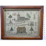 A George IV needlework Sampler, silk on linen, with four line verse set between a church and a house