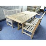 A Barlow Tyrie Teak Garden Table and Bench Set, comprising a large rectangular slatted table and a