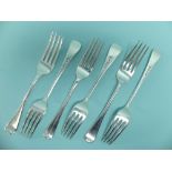 A near matched set of six Victorian silver Old English pattern Forks, all London hallmarks, dated,