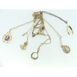 Four 9ct yellow gold Pendants, one set opal, one facetted amethyst coloured stone, one cultured