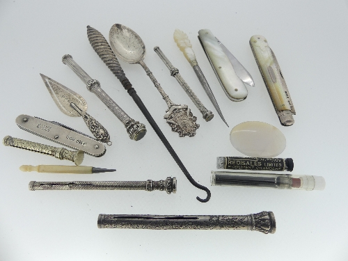 A collection of small Items, including a bookmark in the form of a trowel, fruit knife with mother