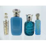 A collection of four glass Scent Bottles, one in opaque turquoise glass, 7.3cm high, one in