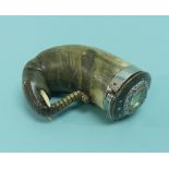 An early 19thC silver mounted novelty horn Snuff Mull, the cow horn body with carved elephant head