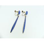 David Andersen; A pair of silver gilt and blue enamel drop Earrings, the circular tops with tapering