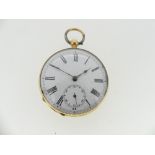 A continental gold open-face Pocket Watch, marked 18K, the white enamel dial with black Roman
