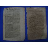 Stamps; Great Britain, 1691-1701, five original copies of 'The London Gazette', reports of battle