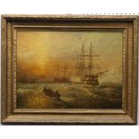 Early 20th century School, Sunset with masted battleships at sea, oil on canvas laid down on