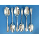 A near matched set of six silver Hanovarian rat tail Dessert Spoons, two by Dobson & Sons,