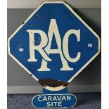A vintage RAC double sided enamel Sign, circa 1960's, with 'Caravan Site' attachment plate