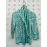 Chinese textiles: a vintage embroidered turquoise silk Jacket, unstructured without fastenings,