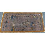 Three Chinese Art Deco Rugs, all woven with stylised patterns: a dark mauve ground rug woven with