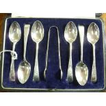 A cased set of George V silver Teaspoons with Sugar Tongs, by Josiah Williams & Co., hallmarked