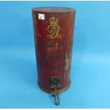 An early 20thC metal Fire Blanket Canister, empty, painted red with George V cypher on front, hinged