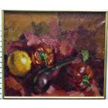•Cyril Mann (British, 1911-1980), Still Life - aubergine and paprikas, oil on canvas, signed and