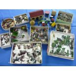 A good quantity of lead farm figures and accessories, Britains and Johillco, including farmers and