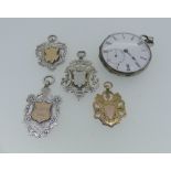 A collection of four Watch Chain Fobs, one in 9ct gold, presentation inscription on reverse, 4g,