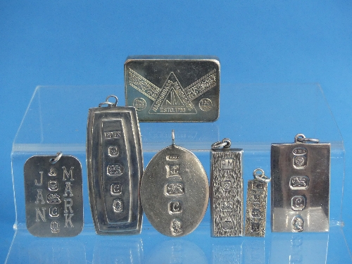 An Indian silver (999) 100g Bar, minted by the Narrondass Mandordass bank, together with six