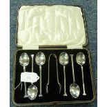 A cased set of six George VI silver Teaspoons with Sugar Tongs, by Martin Hall & Co Ltd., in