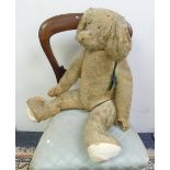 An early 20thC straw-filled plush Teddy Bear, with pointed nose, hump and growler, play worn and