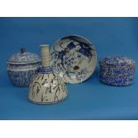 A vintage oriental earthenware Sake Bottle, 7½in (19cm) high, together with five other pieces of