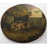 Attrib. George Moreland (British, 1763-1804), Two Pigs eating in a sty, oil on canvas, oval,