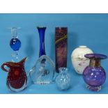 A small quantity of Art Glass, comprising an Anthony Stern amethyst glass vase with coppered metal