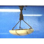 An Art Deco alabaster three-lamp platfonnier or ceiling light, of bowl form with ceiling boss,