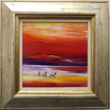 •Vega; 'Sea, Sand and Sunset Red', oil on canvas, framed, signed to top right corner, depicting
