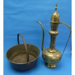 A quantity of Brass, copper and pewter, including a large brass Dallah teapot, 25in (63.5cm) high,