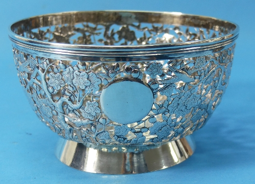 An Oriental circular silver bowl, pierced with birds amongst prunus, vacant cartouche, character - Image 8 of 9