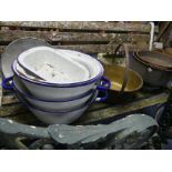 Kitchenalia; A set of three graduated vintage blue and white enamel Pails, with handles, the biggest