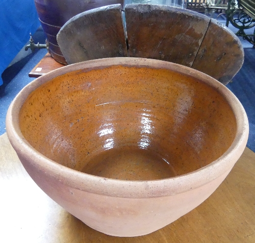 An antique terracotta Dough Bin and Cover, the deep circular bowl with rustic plank cover, 17in