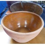 An antique terracotta Dough Bin and Cover, the deep circular bowl with rustic plank cover, 17in