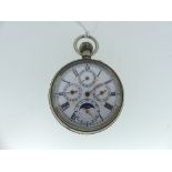 An early 20thC keyless wind triple Calendar Pocket Watch with Moon Phase, in gun metal case, the