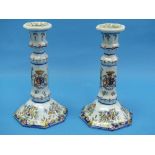 A pair of 20th century French faience pottery Candlesticks, of octagonal form, decorated in